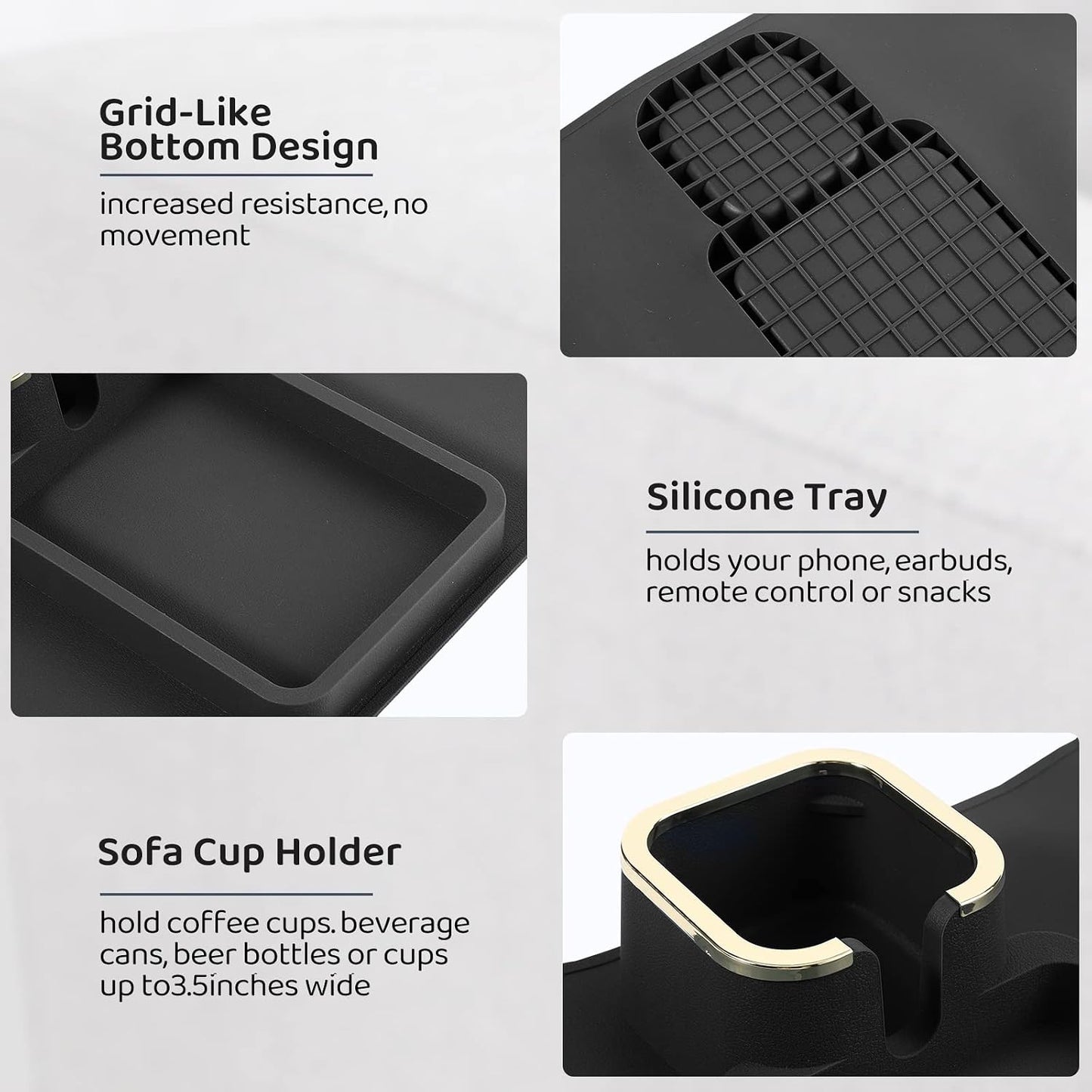 HMASYO Couch Cup Holder Tray – Weighted Silicone Sofa Armrest Organizer Table with Anti-Spill Coaster, Easy Reach for Drink, Snacks, Remote & Phone, Non-Slip Base, Easy Clean