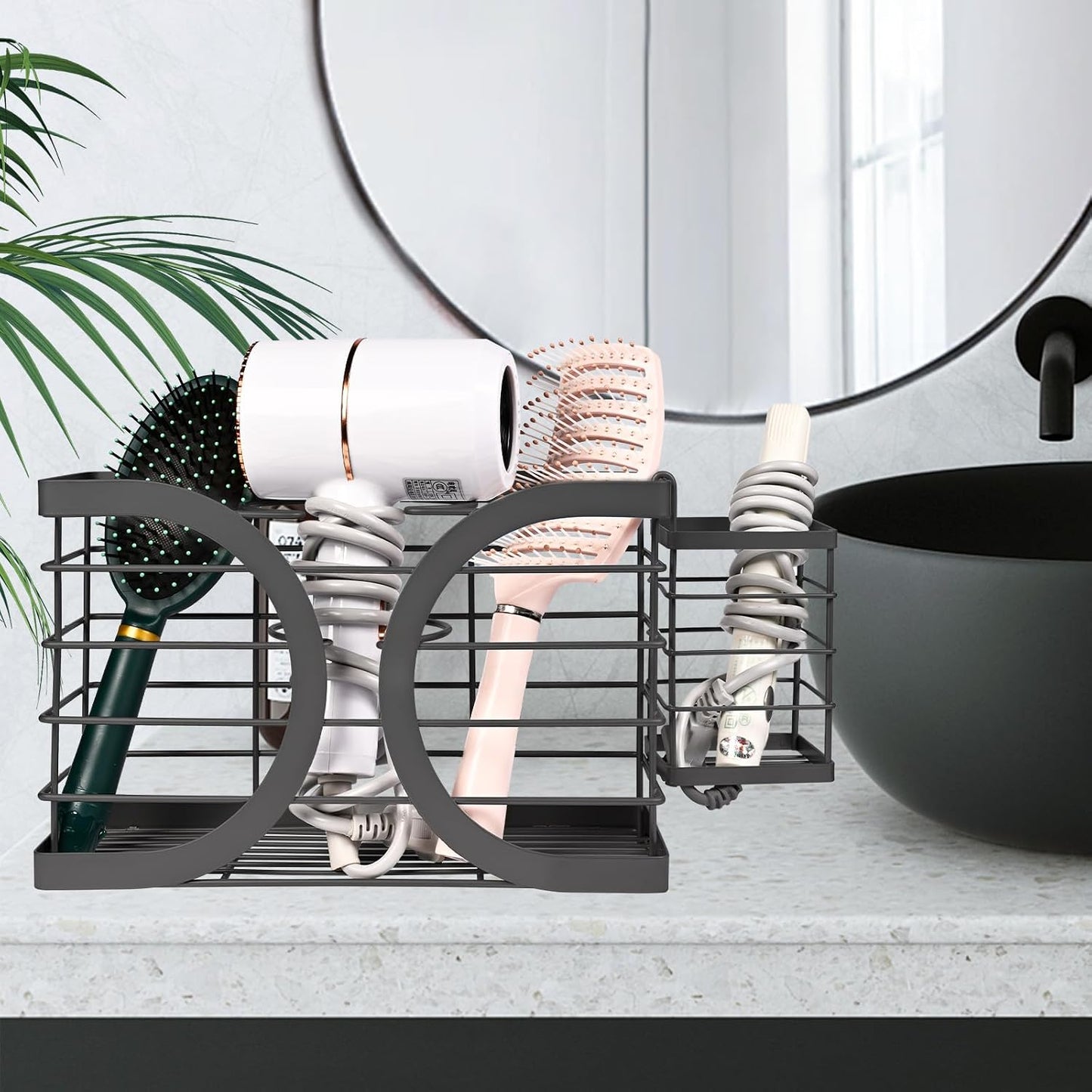 Elegant White Cabinet Door/Wall Mounted 3-in-1 Hair Dryer Holder | Stylish Bathroom Organiser, For Hair Dryer & Straightener, Hair Brush & Accessories
