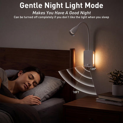 LED Wall Mounted Reading Light,4000mAh Bedside Wall Lamp with Remote Control & Motion Sensor,Book Light for Reading in Bed,3 Color Temps,Dimmable & Timers,360° Flexible Gooseneck Night Light,Black
