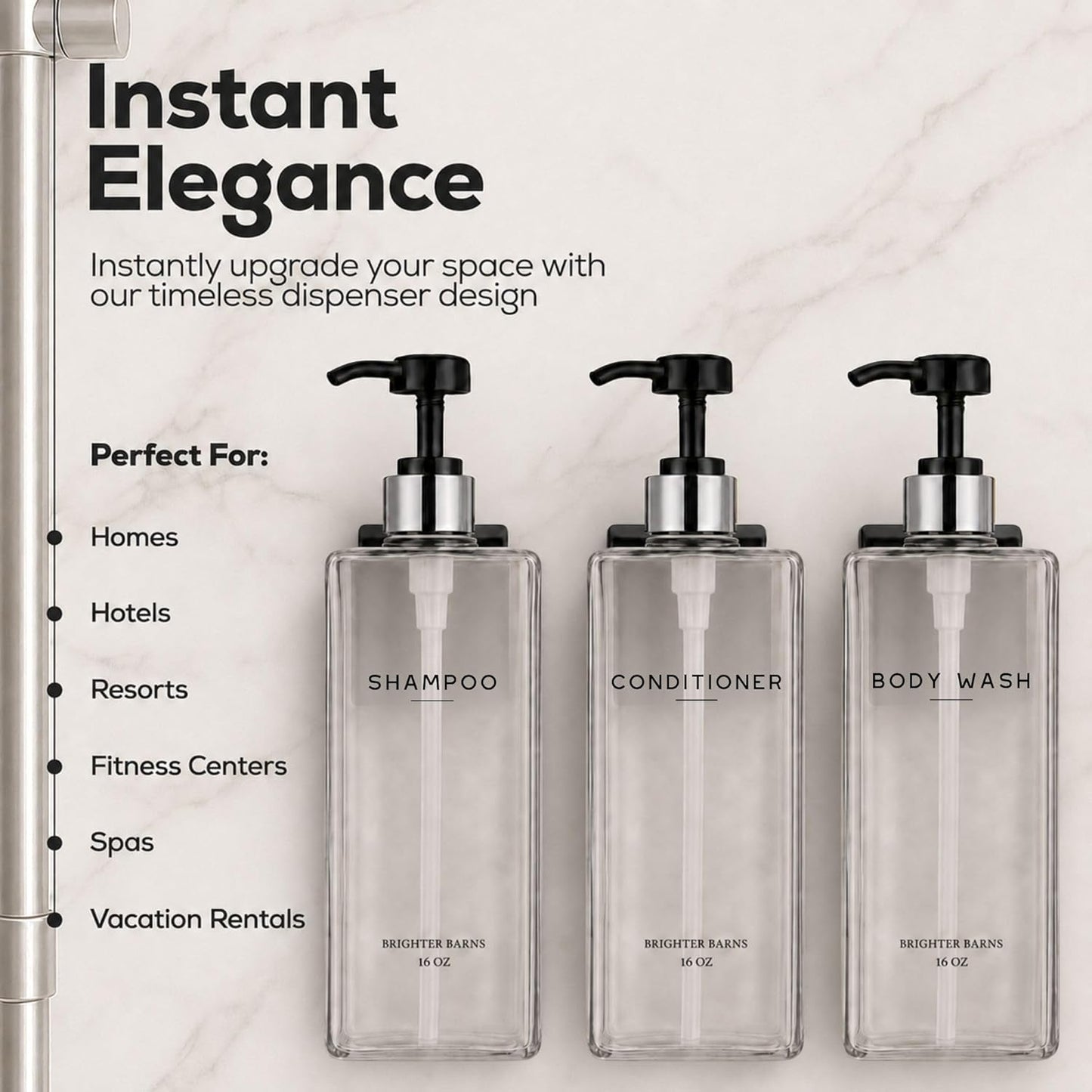 Clear Shampoo and Conditioner Dispenser Set Wall Mounted by Brighter Barns - Refillable Shower Soap Dispensers 3 Chamber No Drill - Plastic Shampoo, Body Wash and Conditioner Bottle for Hotels (Clear)