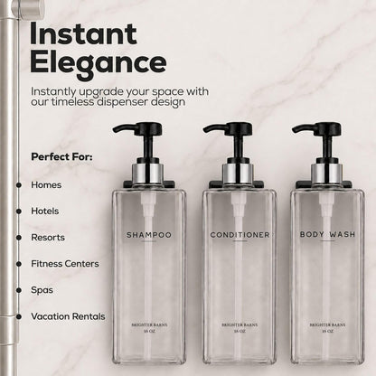 Clear Shampoo and Conditioner Dispenser Set Wall Mounted by Brighter Barns - Refillable Shower Soap Dispensers 3 Chamber No Drill - Plastic Shampoo, Body Wash and Conditioner Bottle for Hotels (Clear)