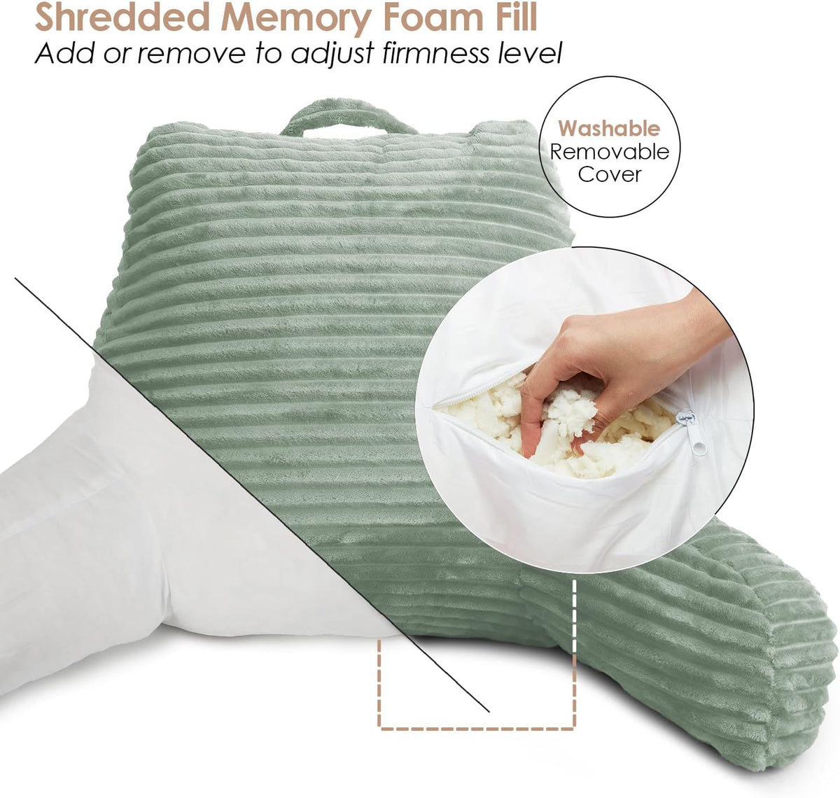 Clara Clark Reading Pillow for Bed Adult – Back Pillow for Sitting in Bed, Standard Bed Pillows for Sitting Up, Foam Chair Pillow, Sage Green Rest Pillow