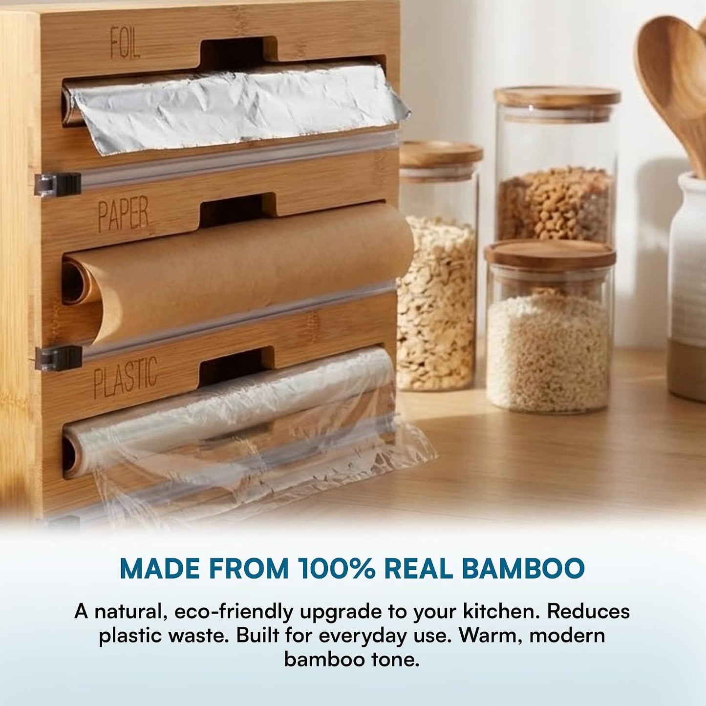 Honey-Can-Do Bamboo Wrap Organizer with Safety Cutter — 3-in-1 Drawer Holder for Aluminum Foil, Wax & Parchment Paper, and Plastic Wrap (Fits 12" Rolls)