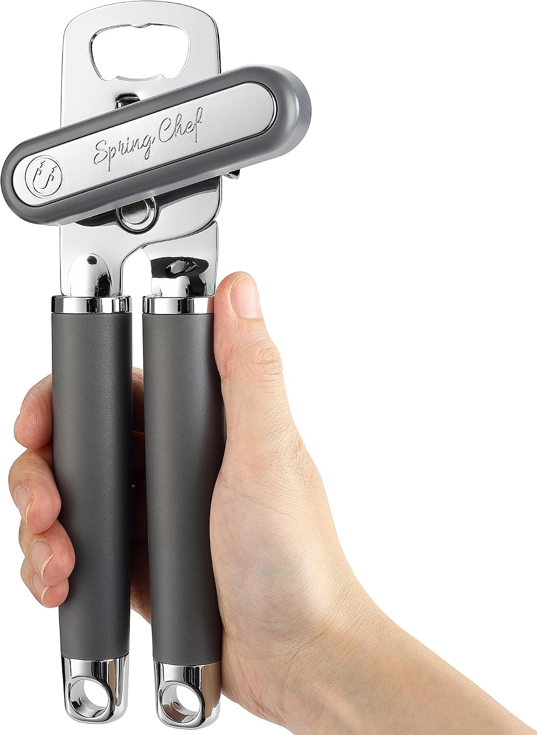Spring Chef Stainless Steel Manual Can Opener with Soft Grip Handles, Black | Heavy Duty Hand Can Opener for Seniors with Smooth Edge, Easy Turn, 3in1 Can Opener with Magnetic Lid Remover & Bottle Opener
