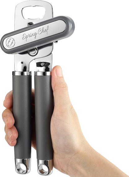 Spring Chef Stainless Steel Manual Can Opener with Soft Grip Handles, Black | Heavy Duty Hand Can Opener for Seniors with Smooth Edge, Easy Turn, 3in1 Can Opener with Magnetic Lid Remover & Bottle Opener