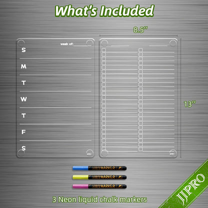 JJPRO Non-Magnetic Dry Erase Calendar for Fridge, Monthly Calendar, Weekly Planning Board Bundle for All Smooth Surfaces. Clear Reusable Calendar Stick to Fridge,Cabinet,Door&Glass