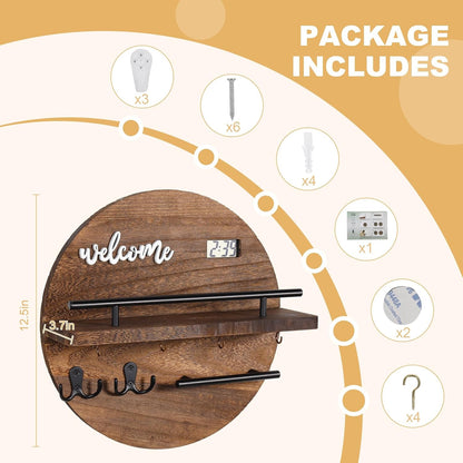 Key Holder for Wall, Key and Mail Holder Organizer with - Key Holder Wall Mount - Round Wooden Rustic Home Decor for Entryway, Mudroom, Hallway, Kitchen Office (Black)
