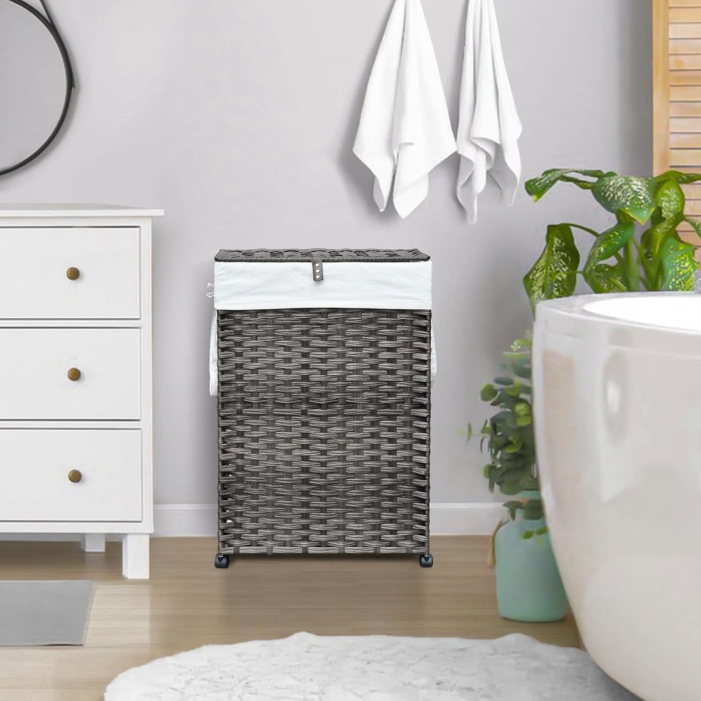 70L Slim Laundry Hamper with Lid & Wheels, Rolling Laundry Basket with 2 Removable Liner Bags & 3 Mesh Bags, Narrow Dirty Clothes Basket, Foldable Handwoven Rattan Laundry Sorter, Brown