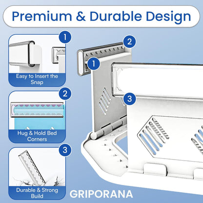 Bed Sheet Holders for Corners - Non Slip Mattress Sheet Gripper - Universal Sheet Holders - No Damage Bedding Holder - Strong 55kg Hold - Easy One-Time Installation - White Sheet Tucker Included