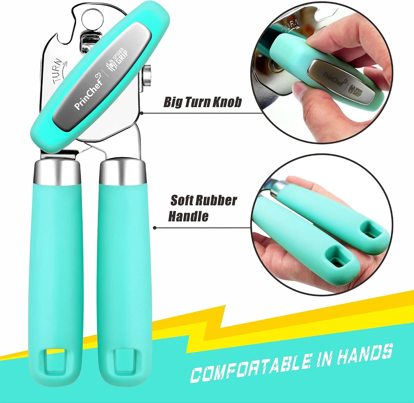 PrinChef Manual Can Openers with Magnet, No-Trouble-Lid-Lift, Handheld Can Opener Smooth Edge with Sharp Blade, Large Effort-Saving Handles, Easy Grip & Heavy Duty, Black