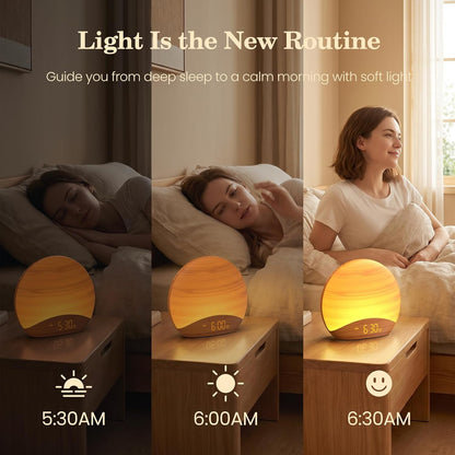 REACHER Wood Grain Sunrise Alarm Clock and Sound Machine Nightlight, Digital Dimmable Clock for Bedroom, 26 Sleep Sounds, White Noise Machine for Baby, Adults, Wake Up Light Alarm Clock for Kids | Digital Dimmable Clock for Bedroom, 26 Sleep Sounds,