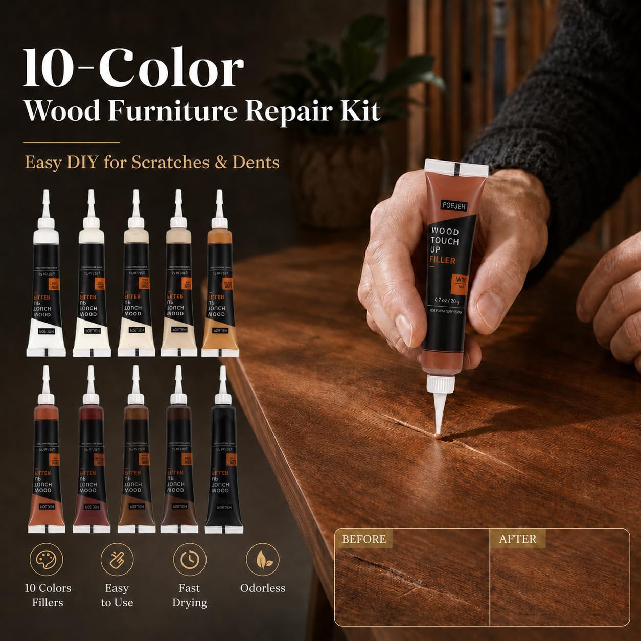 10 Color Wood Repair Kit Blendable Anti-Crack Furniture Restore Set | Full Tool & Color Chart, Strong Adhesion, Repairs Floor Cabinet Wood Surfaces, Practical Housewarming DIY Gift Kit