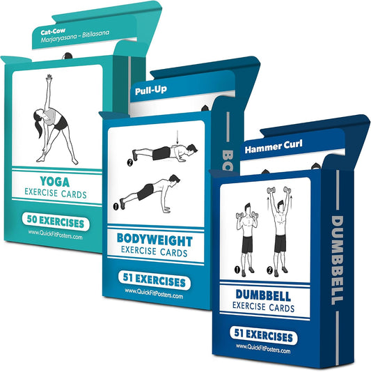 3 Pack - Dumbbell, Bodyweight & Yoga Pose Exercise Cards - Fitness Workout Playing Cards