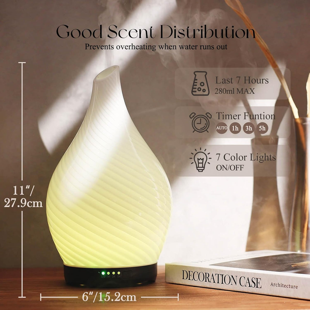 Porseme Essential Oil Diffuser 280ml Handmade Glass Diffuser 7H Runtime | Elegant Handmade Glass Aroma Diffuser with 7-color LEDs, Quiet Aromatherapy and Safe Auto Shut-off, Perfect for Gifts