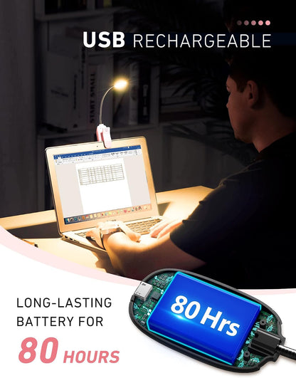 Monotremp Rechargeable Book Lights for Reading at Night, Clip-On 3 Colors | Eye-caring ultralight clip-on, stepless dimming, no flicker, amber mode, 80H runtime, 1.3oz, memory, gift for book lovers.