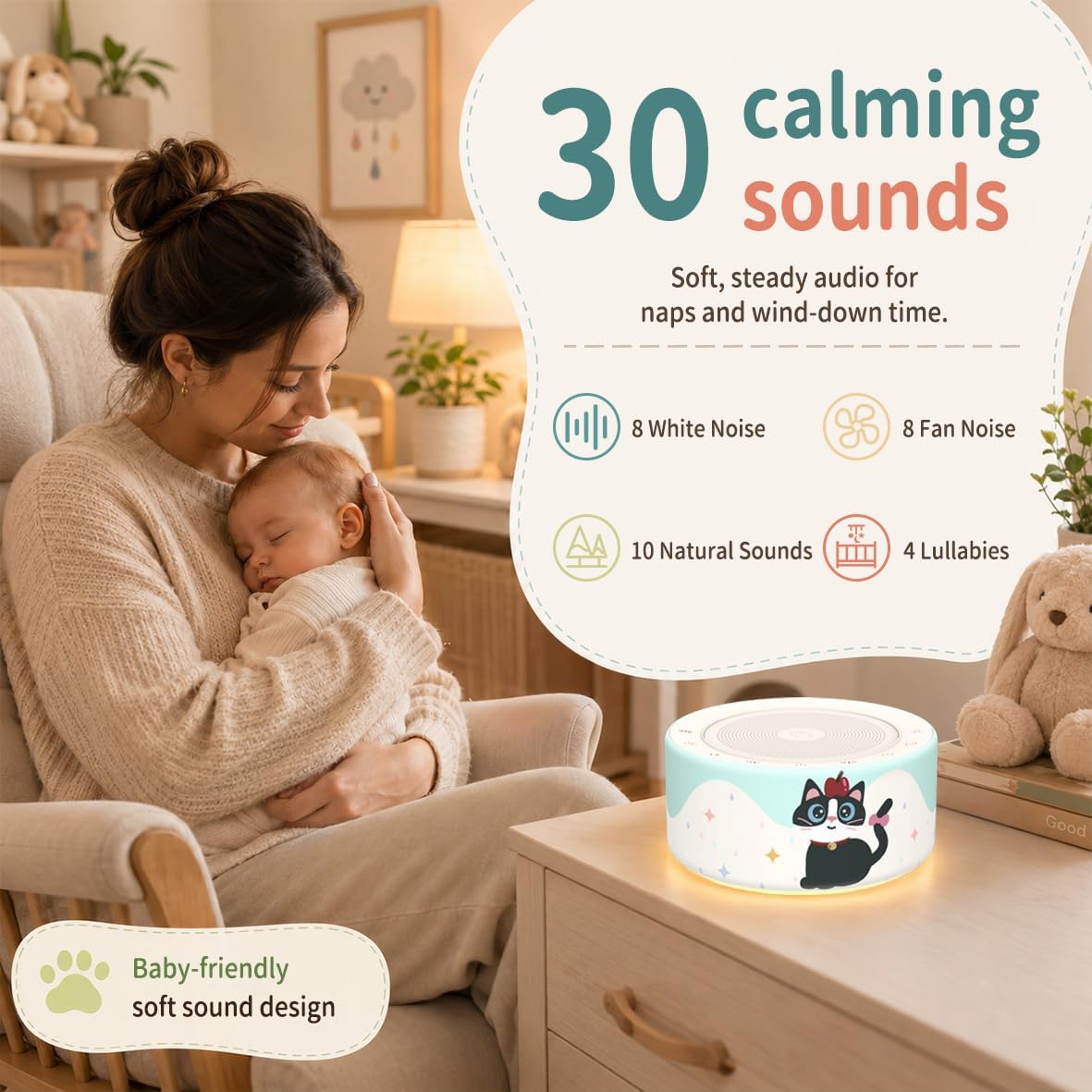 Kipcush White Noise Machine for Baby & Adults, 30 Soothing Sounds, Sleep Sound Machine with 8 Color Night Light, Memory Function, White Noise for Sleeping, Nursery, Office, Travel & Relaxation