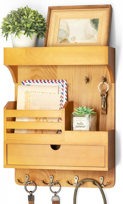 Rebee Vision Key Holder Wall Mount with Drawer Organizer for Entryway,Brown | Pine Wood, 6 Key Hooks, Display Shelf for Plants, Mail Slot for Storage Letter, Multi-Funtional Design, Home Storage