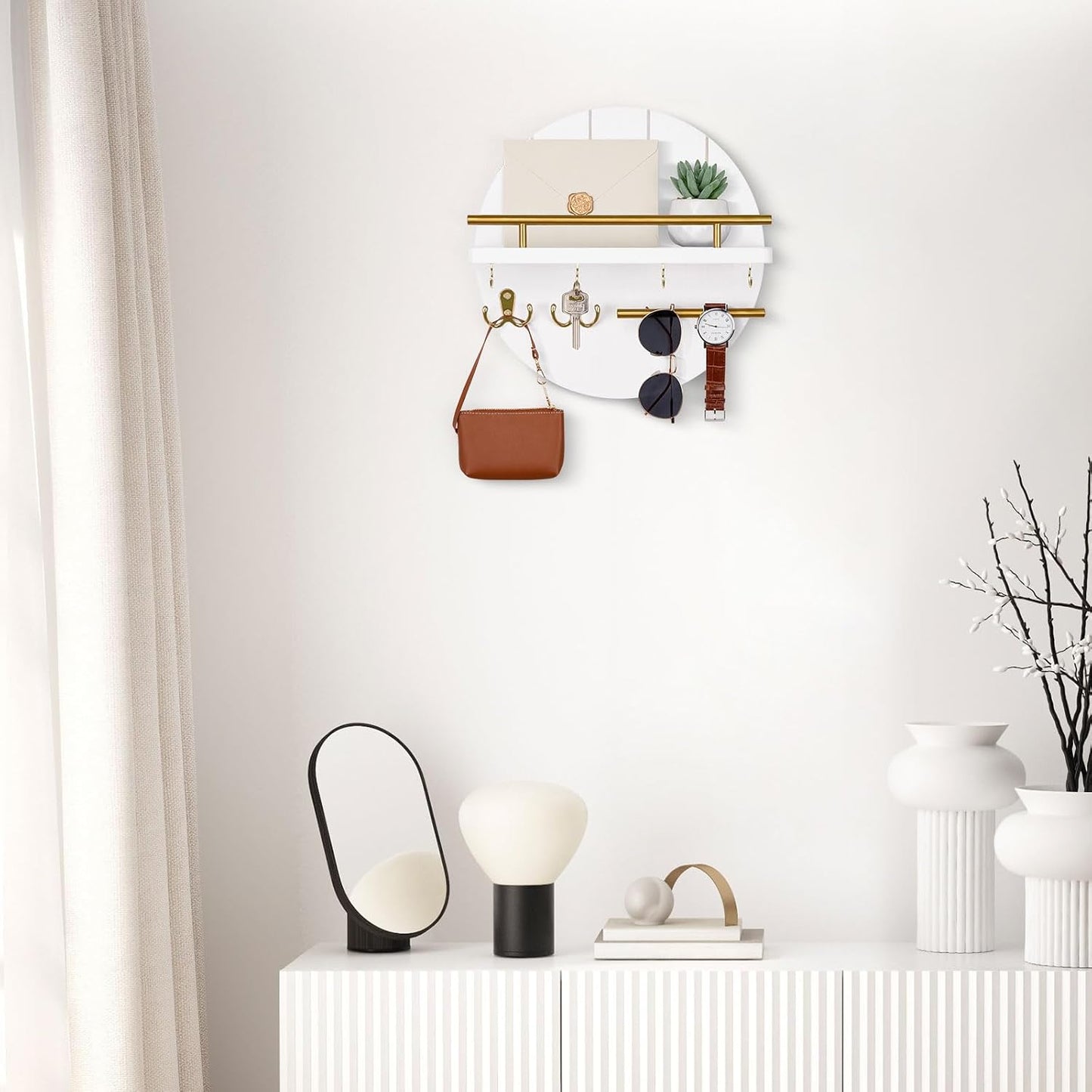 Nekon Key Holder Wall Mount, 11.8” Wood Mail Organizer for Wall, Brown | Round Wall Shelf with 6 Key Hooks, Rustic Key and Mail Holder, Key Hanger for Entryway Hallway Kitchen