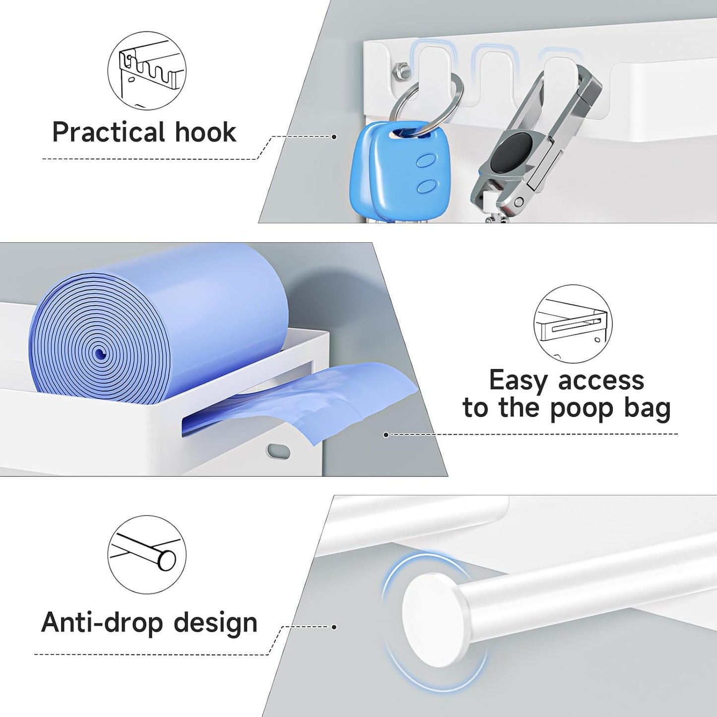 Dog Leash Holder for Wall, Key Holder Wall Mount, Metal Dog Leash Hooks, Pet Stuff Storage Shelf for Leash Hanger, Entryway Organizer Key Rack for Pet Collar, Treats, Toys, Mail (Black)