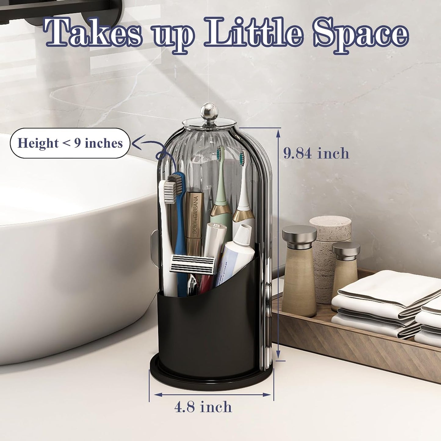 Toothbrush and Toothpaste Holders with Cover, Grey White | Waterproof and Dustproof, 360° Rotating Base, Smooth Sliding Door, 3 Slots, for Bathroom Countertop
