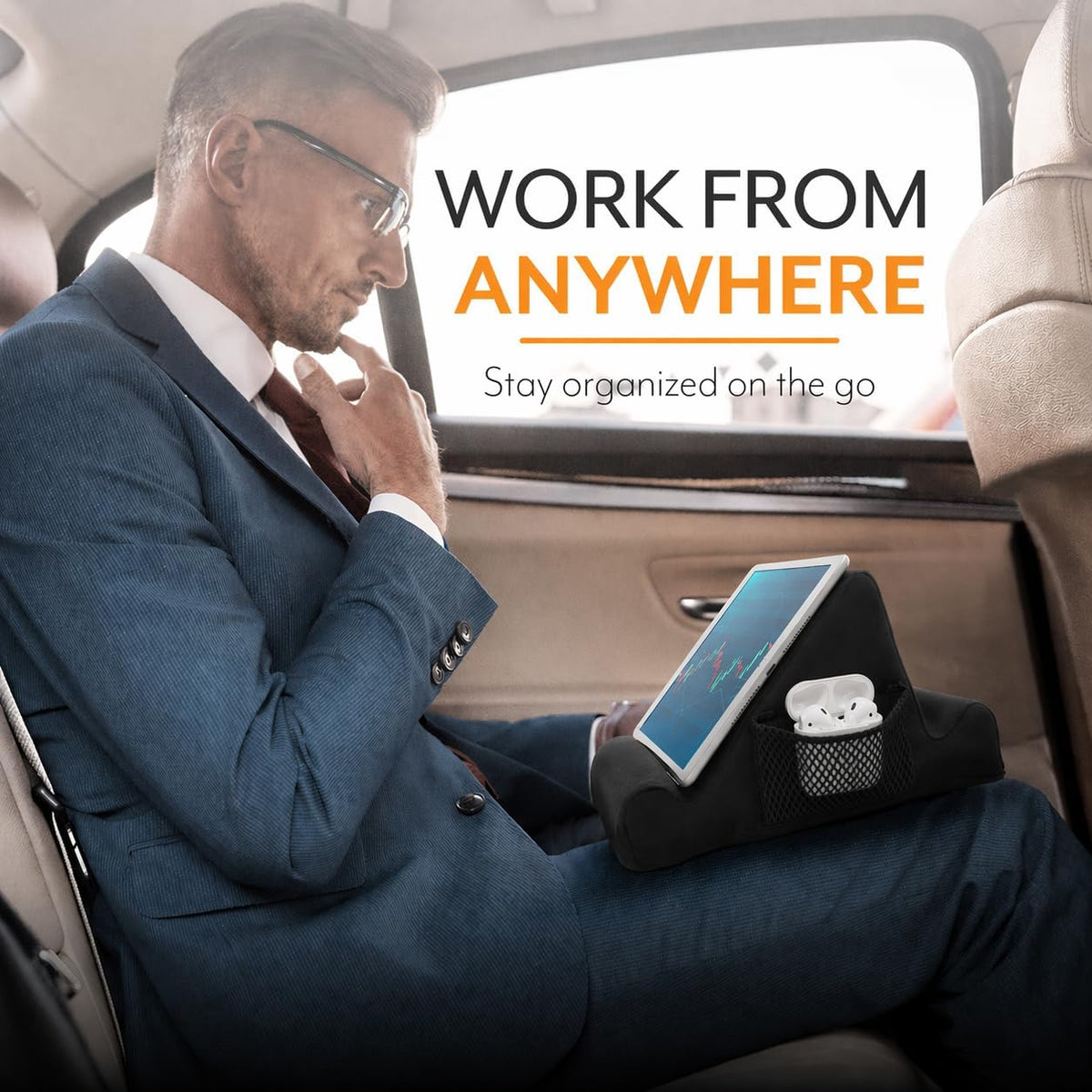 Brookstone Tablet Lap Cushion - Tablet/Phone/Ebook Holder for Bed, Flights, and Travel, Memory Foam Lap Desk for Reading and Hands Free Viewing, Compatible iPad and Kindle Accessories, Grey