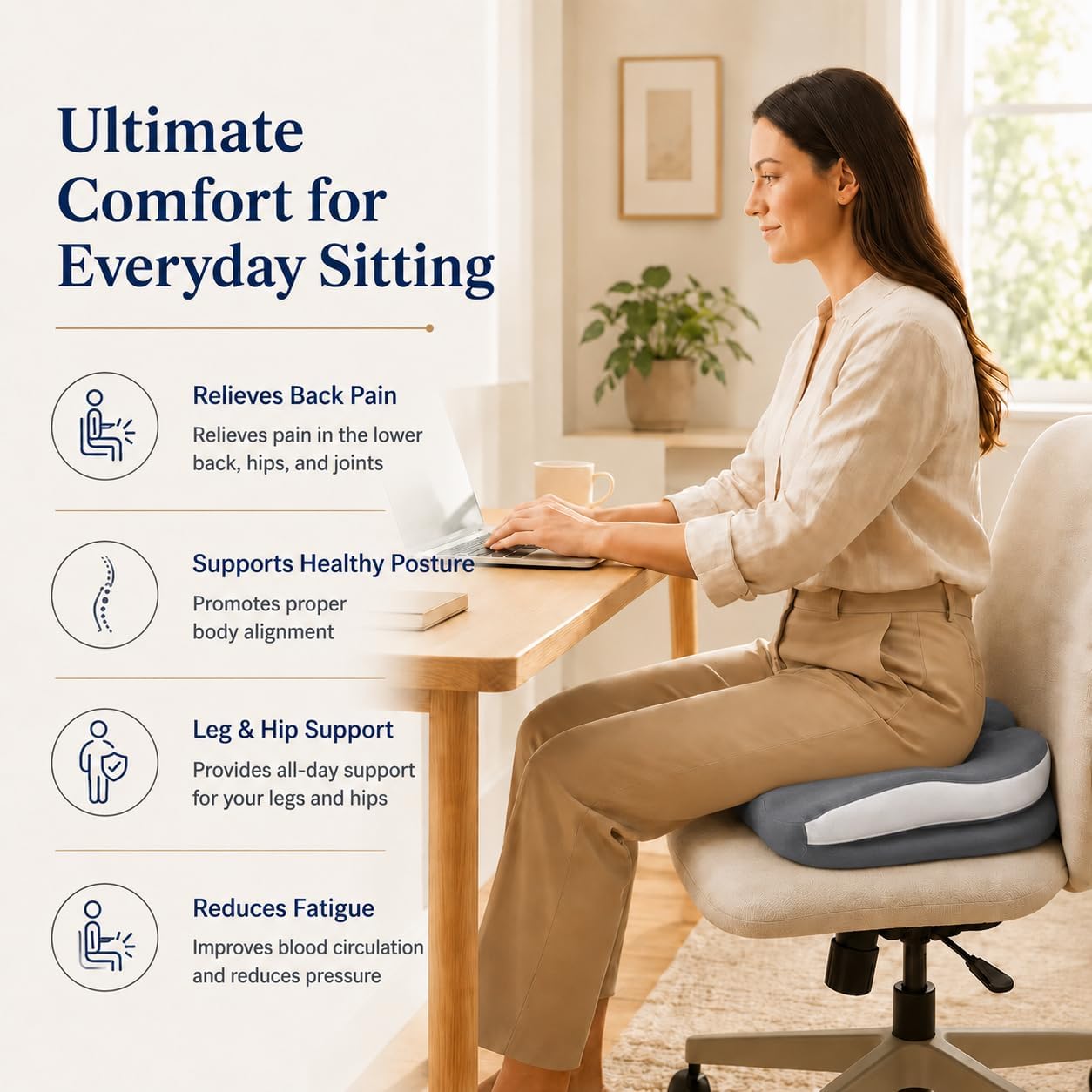 Memory Foam Ergonomic Seat Cushion for Office Chairs Pain Relief | Suitable for prolonged sitting, relieves tailbone pain, fits office chairs, wheelchairs, car seats and computer desk chairs