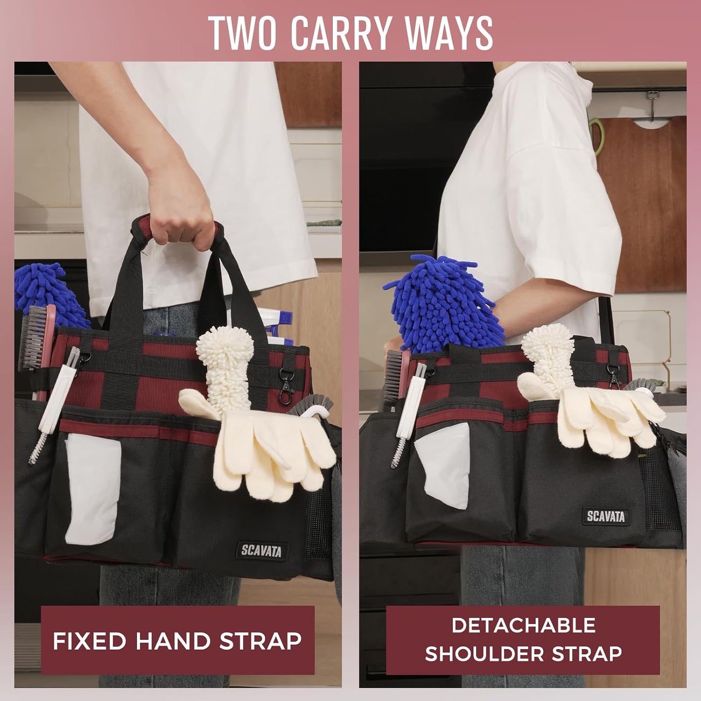 SCAVATA Compact Wearable Cleaning Caddy with Handle & Shoulder Straps | Small Cleaning Supplies Organizer, Under Sink & Car Cleaning Tools Storage Bag for Housekeepers Cleaners, Black
