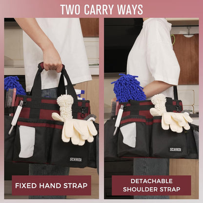 SCAVATA Compact Wearable Cleaning Caddy with Handle & Shoulder Straps | Small Cleaning Supplies Organizer, Under Sink & Car Cleaning Tools Storage Bag for Housekeepers Cleaners, Black