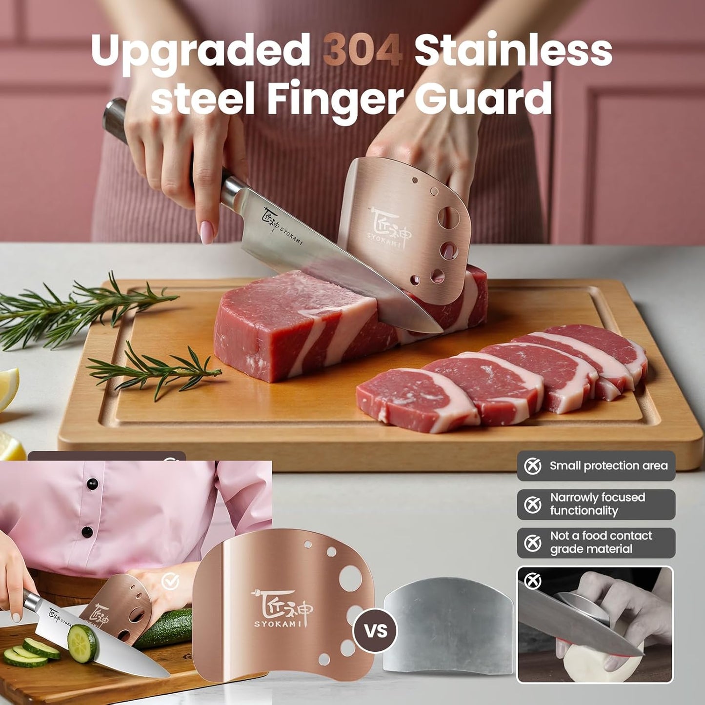 Finger Guards for Cutting Food-Finger Protectors with Herb Stripper | Stainless Steel | 2 Pcs | Adjustable Size | Rose Gold | Protecting Fingers and Nails | Gift Box for Couple Women Mom Wife