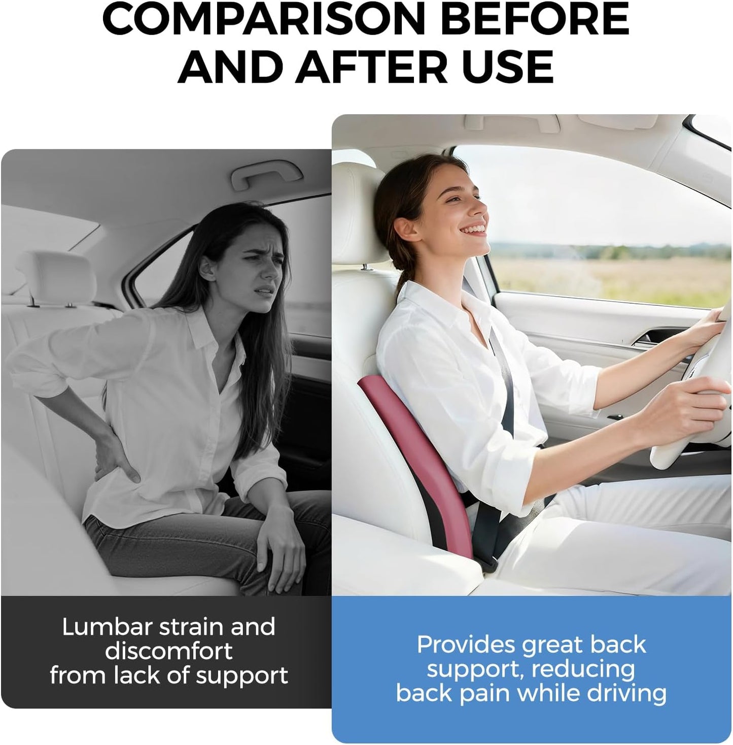 BEBAS Ergonomic Lumbar Support Pillow for Car, Memory Foam Car Back Cushion | Comfort Lumbar Pillow for Back Pain Relief, Breathable Washable Cover, Fits for Driving, Office, Wheelchair, Black