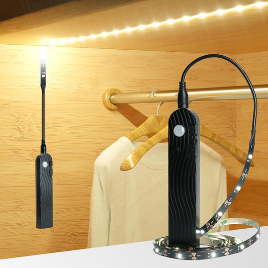 Sensky Motion Activated Strip Lights Rechargeable Motion Sensor LED Strip Light Dimmable Strip Lighting for Wardrobe, Cabinet, Pantry, Closet (2M Black, Cool White)