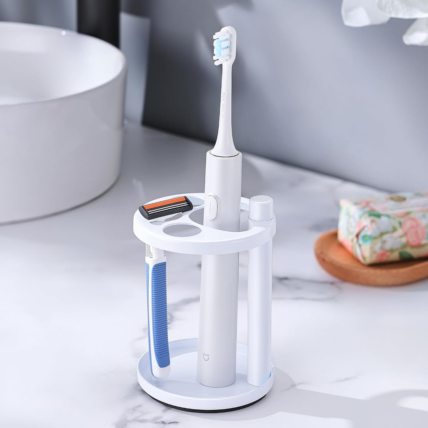Toothbrush & Toothpaste Holder for Bathroom Countertop, Metal Electric Toothbrush Stand with Razor Slot, Ideal Design Caddy for Kids & Family, Black