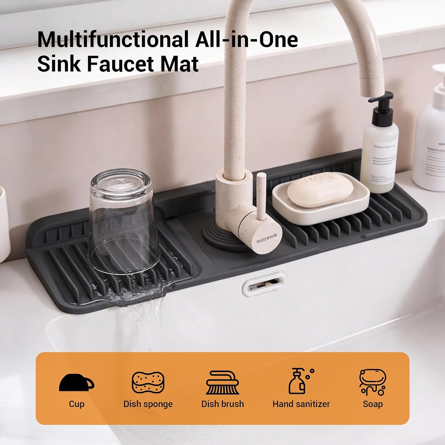 ZJWZLG Faucet Mat for Kitchen Sink, 14"X5.5" Silicone Sink Splash Guard , Snap-On Design & 7°slope Fast Drain, Folding Sink Faucet Mat for Universal Kitchen Bathroom Sink(Grey)