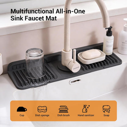 ZJWZLG Faucet Mat for Kitchen Sink, 14"X5.5" Silicone Sink Splash Guard , Snap-On Design & 7°slope Fast Drain, Folding Sink Faucet Mat for Universal Kitchen Bathroom Sink(Grey)