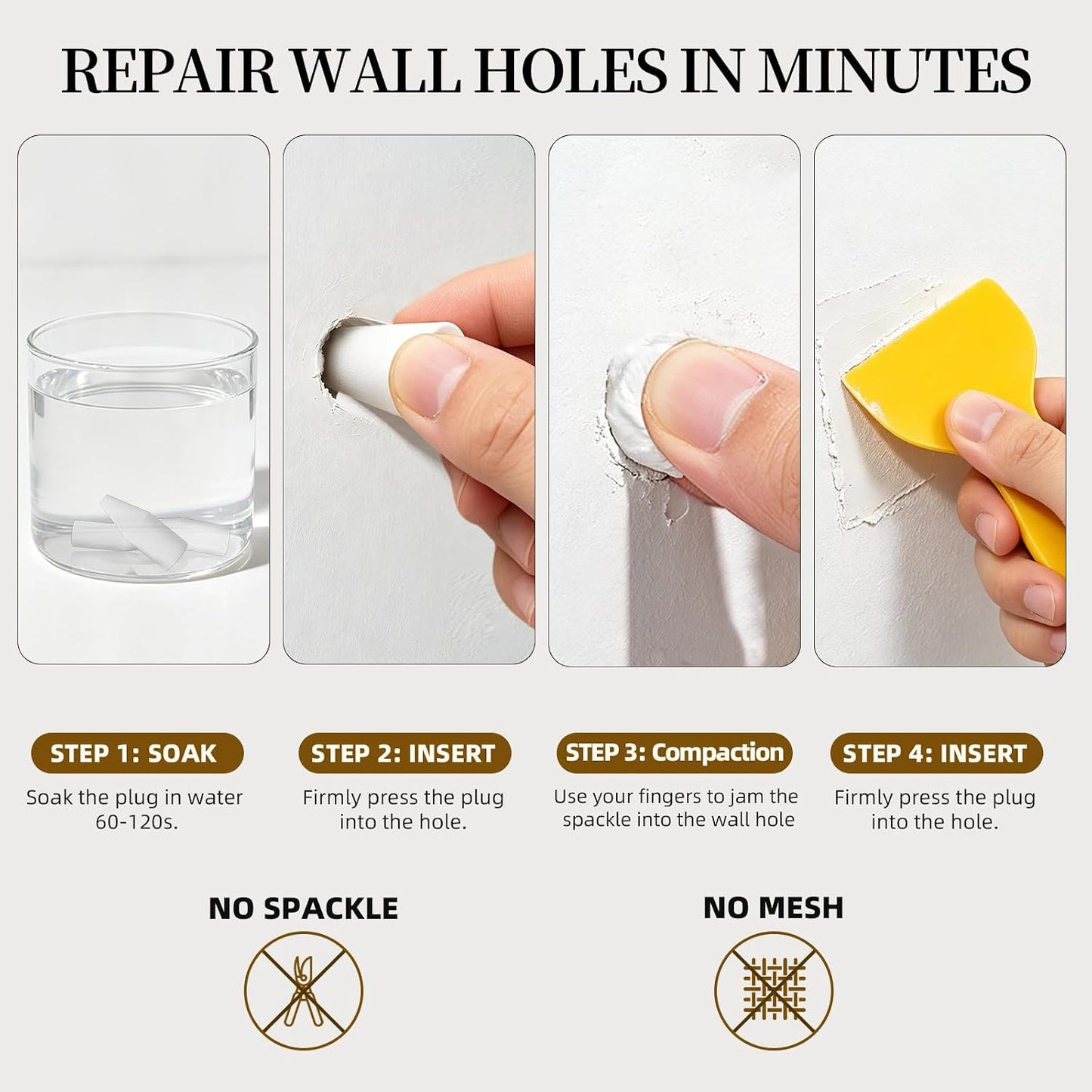 Drywall Hole Repair Kit 40Pcs, Wall Hole Filler for Small Nail Holes with Scraper & Gloves, No Sanding No Tools Required, Quick Drywall Patch Plugs for Renters Home Repair Move-Out