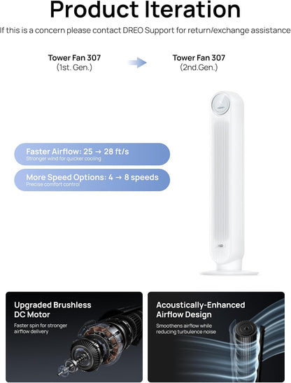 DREO Tower Fan for Bedroom, 28ft/s High Velocity, 9 Speeds, DC Motor