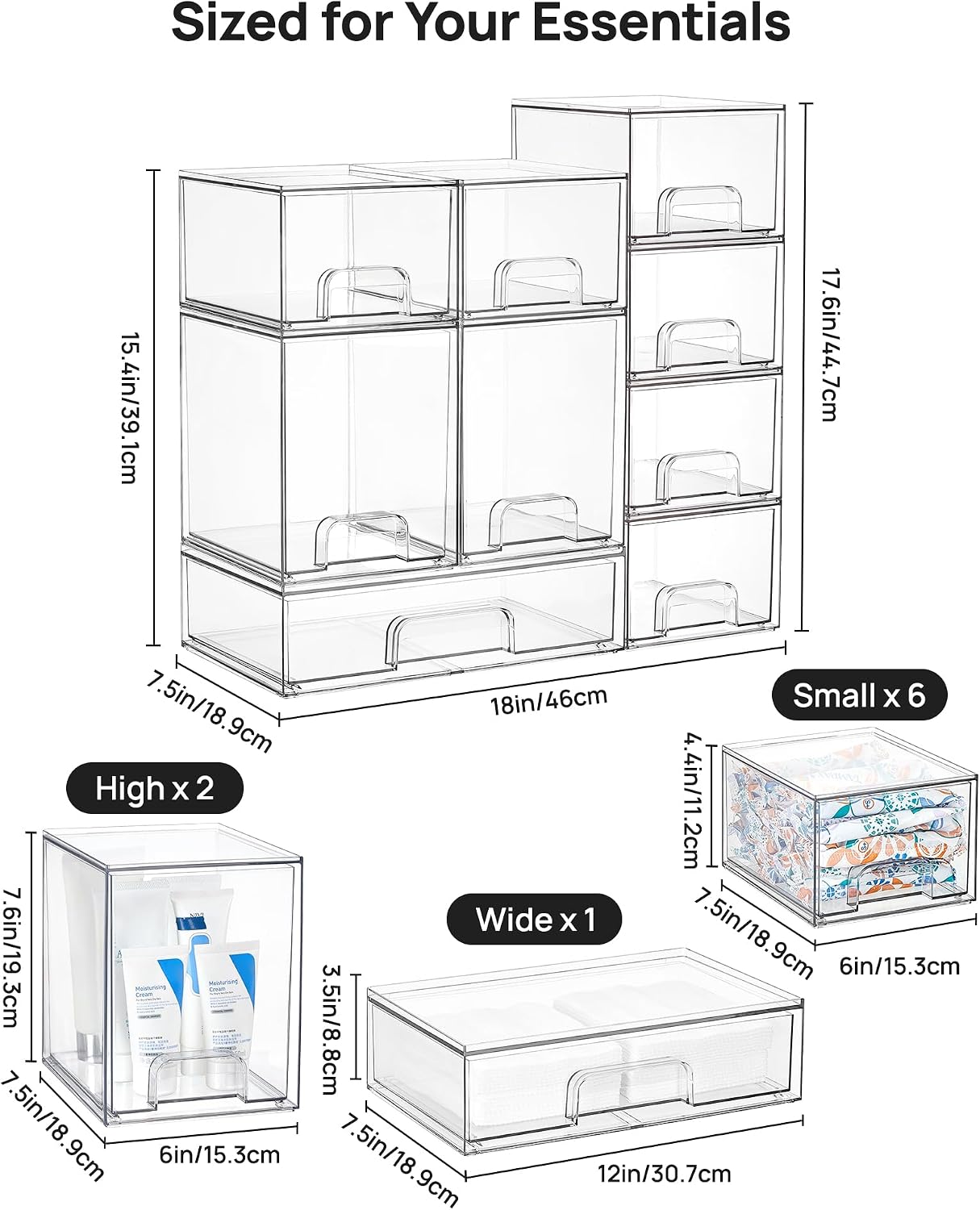Vtopmart Clear Stackable Storage Drawers Set of 6, Plastic Organizer Bins | Multi-purpose Boxes for Bathroom Accessories Storage, Ideal for Cabinet, Shelf, Pantry, Laundry Room Organization