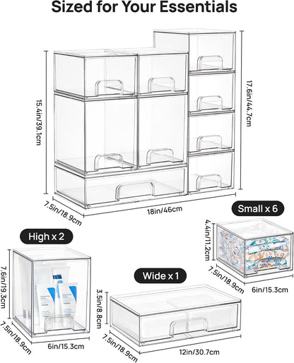 Vtopmart Clear Stackable Storage Drawers Set of 6, Plastic Organizer Bins | Multi-purpose Boxes for Bathroom Accessories Storage, Ideal for Cabinet, Shelf, Pantry, Laundry Room Organization