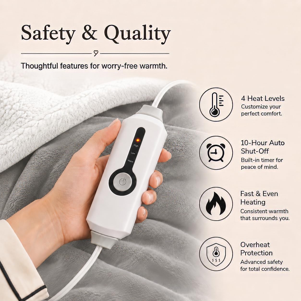 Electric Heated Blanket Full Size 72"x84" – Light Gray | ETL for Safe Overnight, 4 Heat Settings & 10H Auto Off, Dual-Sided Microplush Sherpa for Home Night, Machine washable