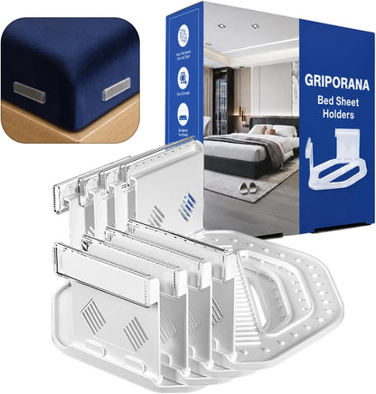 Bed Sheet Holders for Corners - Non Slip Mattress Sheet Gripper - Universal Sheet Holders - No Damage Bedding Holder - Strong 55kg Hold - Easy One-Time Installation - White Sheet Tucker Included