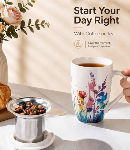 AmorArc Tea Cup With Infuser and Lid, 18oz Loose Leaf Tea Mug With Steeper | Porcelain Tea Mug With Infuser and Lid, Strainer Tea Cup for Tea Lovers, Home & Office, Housewarming Birthday Gift