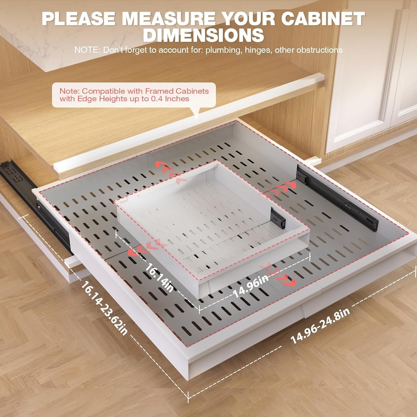 Seinloes Pull Out Cabinet Organizer, 4-Side Expandable to Fit Most Cabinets, 3 Rail Slide Out Drawers with Raising Pad for Framed & Frameless Cabinets, 13"-21" W x 17"-24" D, White, 2 Pack