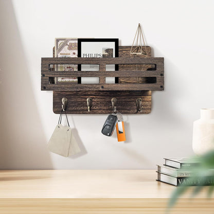 Key Holder Wall Mount, 10 inch Decorative Key and Mail Holder for Wall, with Mail Organizer & 4 Key Hooks, Rustic Wooden Key Rack for Hanging Dog Leash Sunglasses, Entryway Key Hanger, Black
