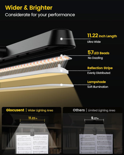 Glocusent Rechargeable Music Stand Light,11.2” Wide Clip On Light for Piano | 57 LED Piano Light, 3 Colors & 5 Brightness Piano Lamp,140Hrs Runtime, For Musician/Piano Player/Sheet Music/orchestra
