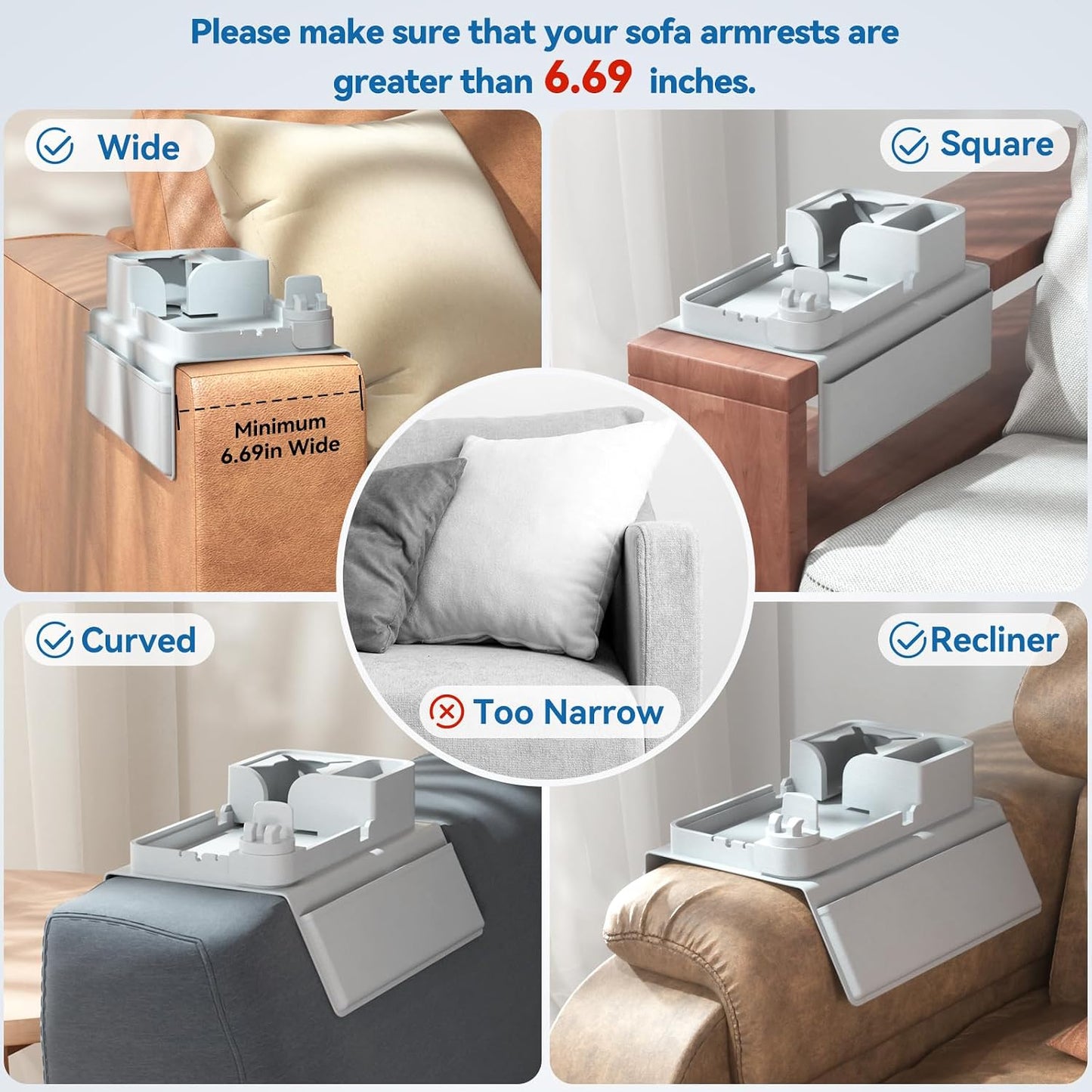 Couch Arm Cup Holder CLESOO Couch Arm Tray Anti-Slip Couch Cup Holder Silicone Sofa Armrest Tray Dual Side Pocket Couch Drink Holder Sofa Caddy Arm Remote Holder Snack Caddy with Phone Holder Blue
