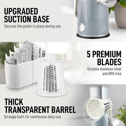 Zulay Kitchen Rotary Cheese Grater 5 Blade Cheese Shredder - Manual Hand Crank Cheese Grater With Reinforced Suction & 5 Interchangeable Drums - Easy to Use, Vegetable Chopper Round Mandoline Slicer - Colors A