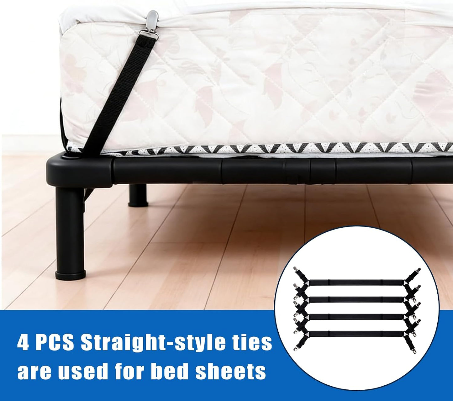 4pcs Bed Sheet Straps with Metal Clips, Sheet Holders Adjustable Elastic,Grippers Upgrade for Crib to King Size Bed Keep Sheets in Place.