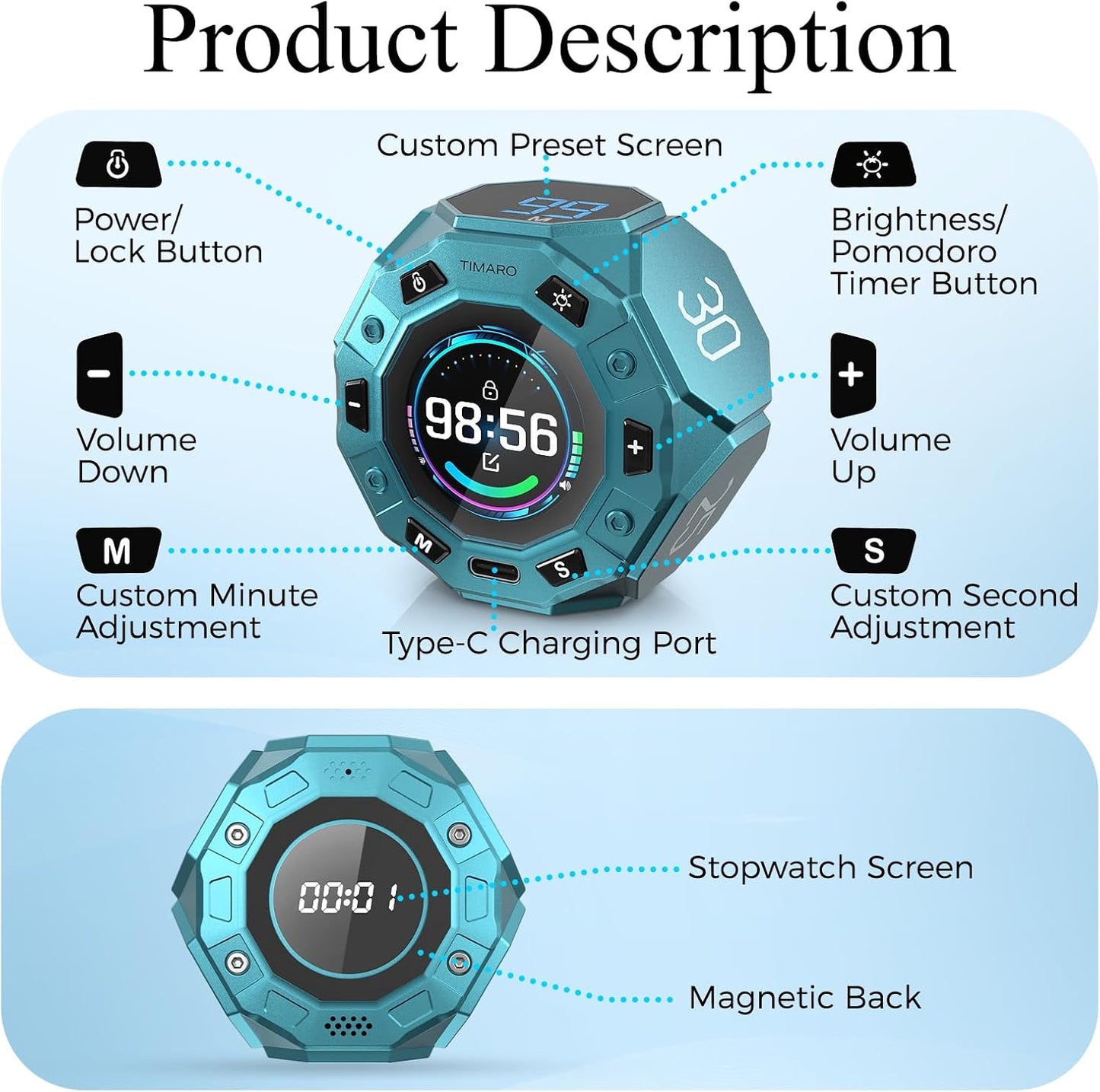 TIMARO Flip Pomodoro Timer with 3/5/10/25/30 Min Presets | Magnetic Productivity Timer with Custom Countdown & Stopwatch, Visual Focus clock for Study, Work, ADHD & Kitchen