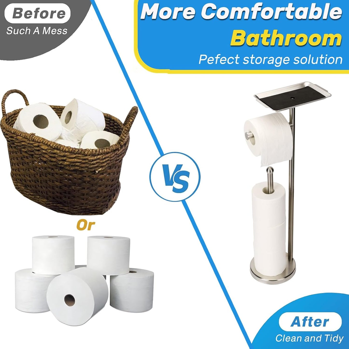 Exilon Toilet Paper Holder Stand for Bathroom Floor Freestanding Toilet Roll Dispenser Storages 4 Reserve Rolls, with Top Storage Shelf for Cell Phone (Brushed Nickel)