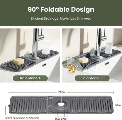 24 Inch Faucet Mat for Kitchen Sink, Silicone Splash Guard for Kitchen Sink Area, 7° Slope Fast Self-Draining Sink Mat, Cuttable Hole Design, Sink Backsplash Guard Draining Mat, Grey